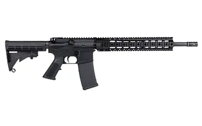 Gun with adjustable stock, tactical rail, and magazine.