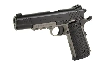 Pistol with black finish, textured grip, and safety features.
