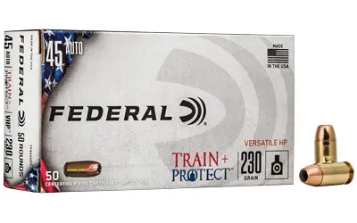 Federal 45 Auto ammunition box with a single copper bullet displayed.