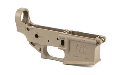 Gun frame assembly in tan color with detailed markings and cutouts.