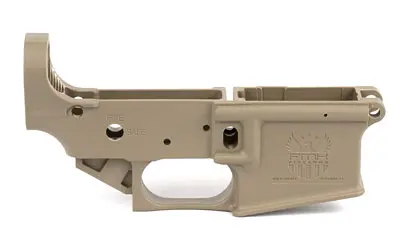 Firearm frame component in beige color for firearm assembly.