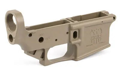 Tan-colored firearm lower receiver with threaded end for attachment.