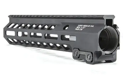 Close-up of a black firearm handguard with a rail system for attachments.