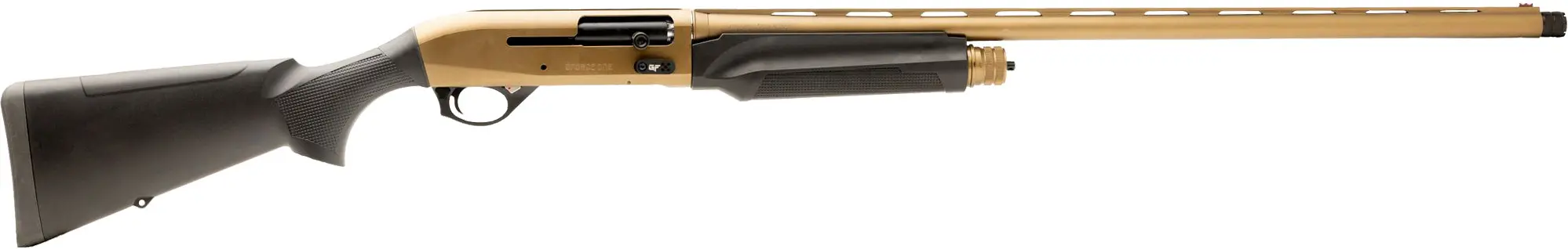 Rifle with black stock and tan barrel for hunting and shooting.