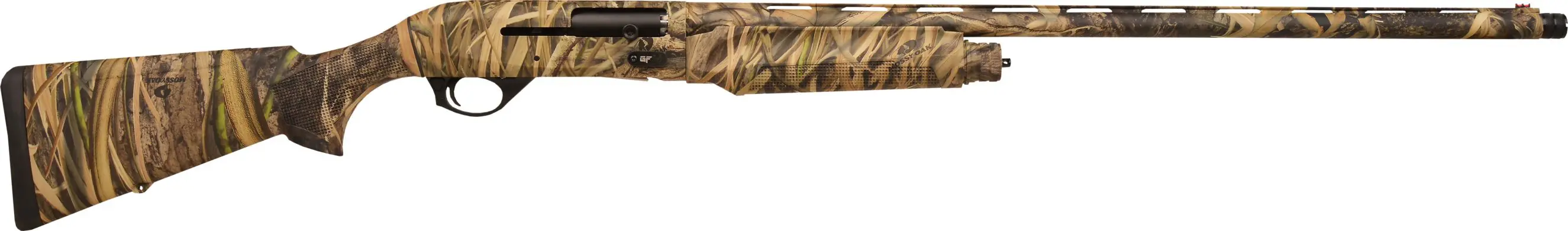 A camouflage-patterned hunting rifle with a long barrel and ergonomic stock.