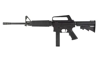 M4 carbine rifle with black finish, adjustable stock, and tactical grip. Ideal for military and tact.