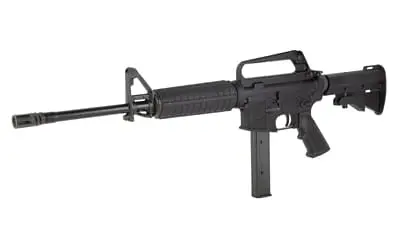 Semi-automatic rifle with suppressor, tactical stock, and magazine for firearm enthusiasts.