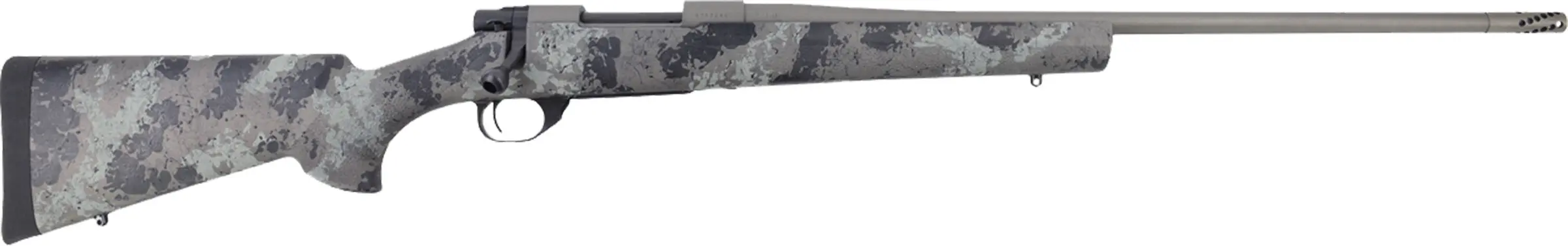 Rifle with camouflage finish and scope for hunting and shooting.