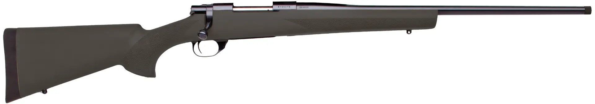 Bolt-action rifle with a sleek black finish and long barrel, ideal for hunting and precision shootin.