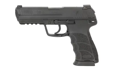 Black semi-automatic pistol with textured grip, ideal for personal protection.