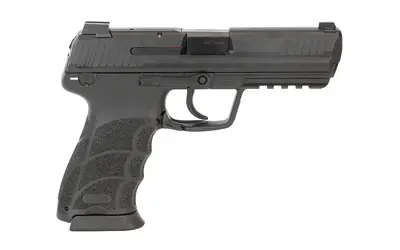 Pistol with textured grip and slide design, suitable for self-defense and shooting sports.