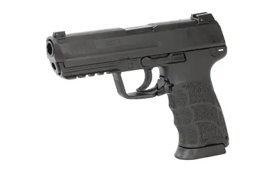 Handgun with textured grip and slide, suitable for firearm enthusiasts and self-defense.