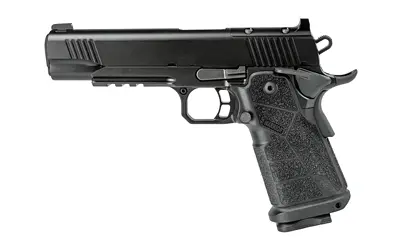 Handgun with black slide and textured grip for secure handling.
