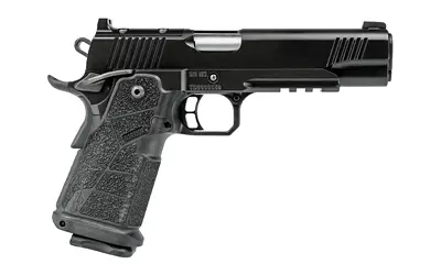 Handgun with textured grip and sleek black finish for secure handling.