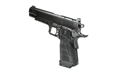 Semi-automatic handgun with textured grip and sleek black finish.