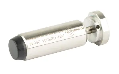 Firearm accessory, cylindrical metal device with black end cap.