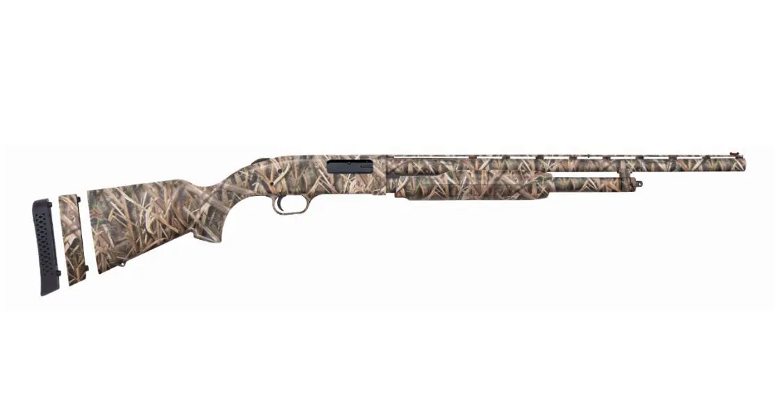 Hunting rifle with camouflage finish, scope, and adjustable stock for outdoor shooting.