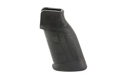 Close-up of a black firearm grip with textured surface for secure handling.