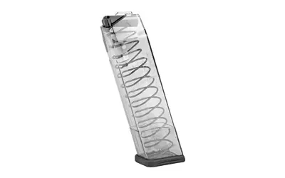 High-capacity firearm magazine with a transparent body and spring mechanism.