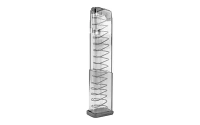 Clear view of a transparent firearm magazine with spring and follower.