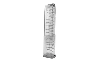 Transparent firearm magazine with spring mechanism for guns.