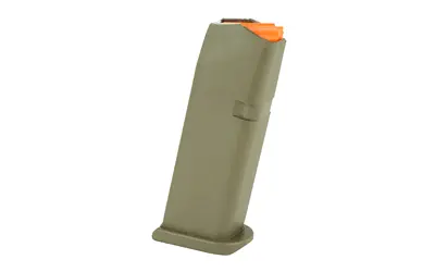 Rifle magazine with tan finish and orange follower for quick identification.