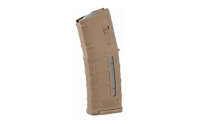 Magpul PMAG rifle magazine in tan, high-capacity, durable polymer construction.