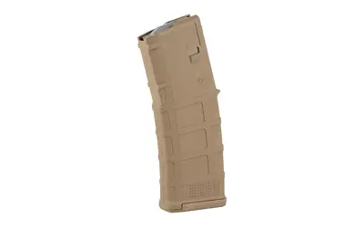 Magpul PMAG rifle magazine in tan color for tactical firearms.