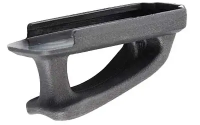 A close-up of a firearm accessory, showcasing a black and gray gun part with a textured surface.