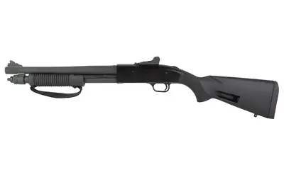 Pump-action shotgun with black synthetic stock and barrel.
