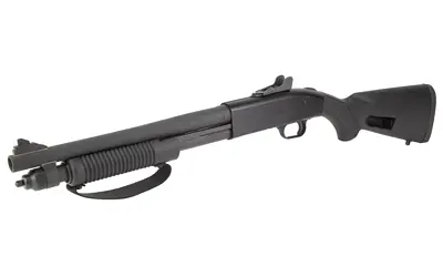 Shotgun with pump-action and black synthetic stock.