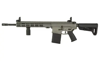 Tactical rifle with adjustable stock, rail system, and ergonomic grip.