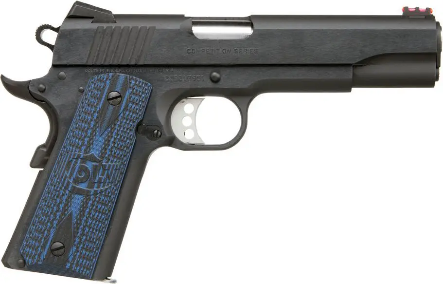 Close-up of a black semi-automatic pistol with blue textured grip and red safety dot.