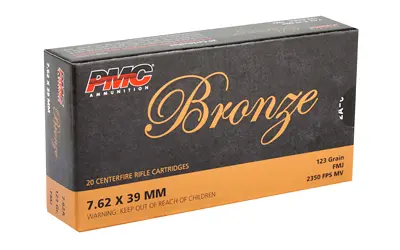 Box of 7.62x39mm bronze rifle cartridges for firearms.