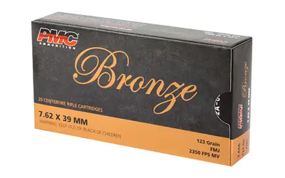 Box of PMC Bronze 7.62x39mm rifle cartridges for firearms.