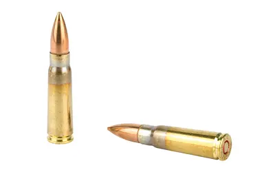 Close-up of two rifle bullets, one standing and one lying down, showcasing metallic casings and poin.