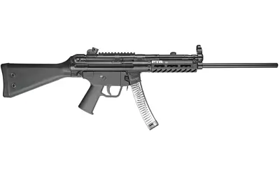 Tactical rifle with black finish, adjustable stock, and long barrel.