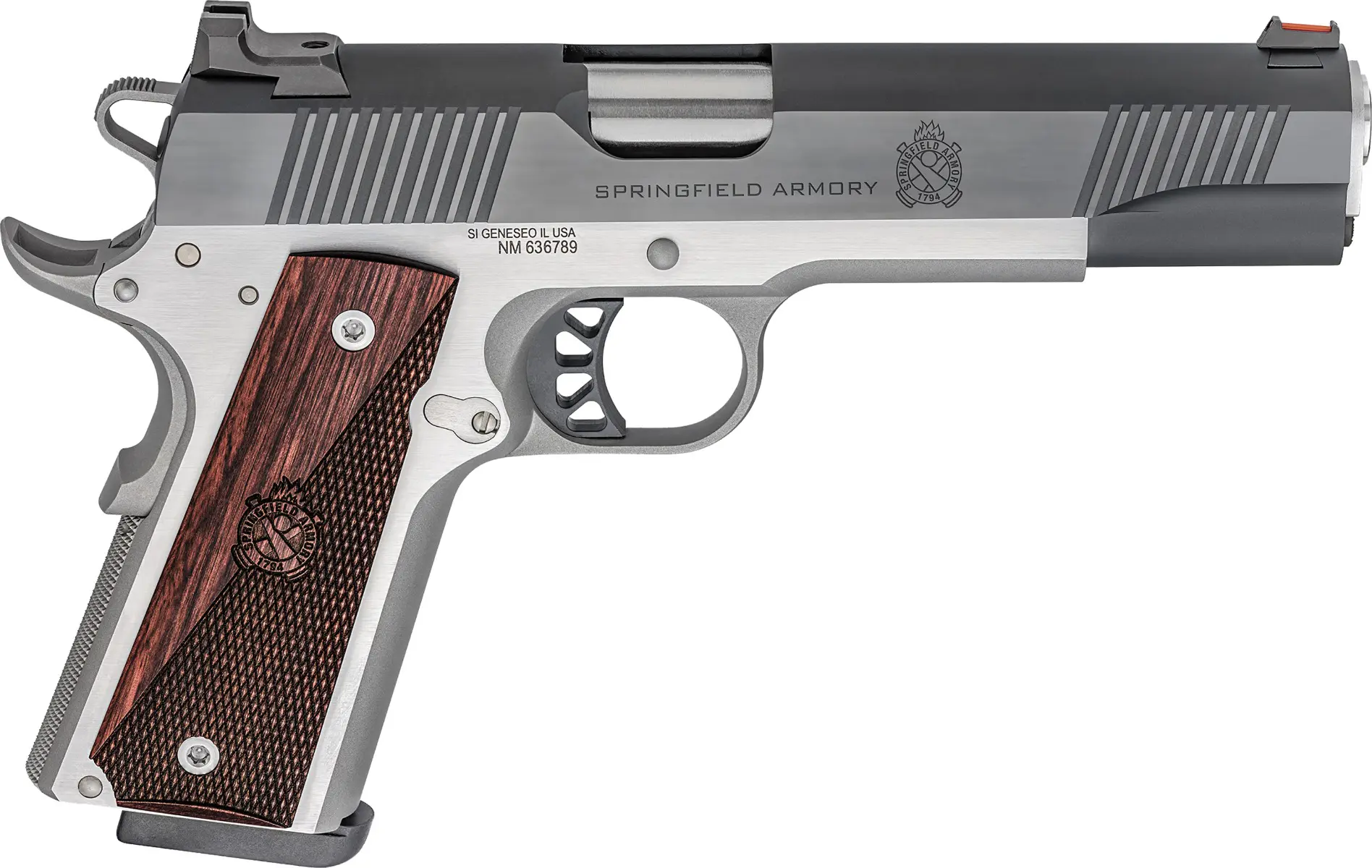 Modern Springfield Armory 1911 semi-automatic pistol with wooden grips.
