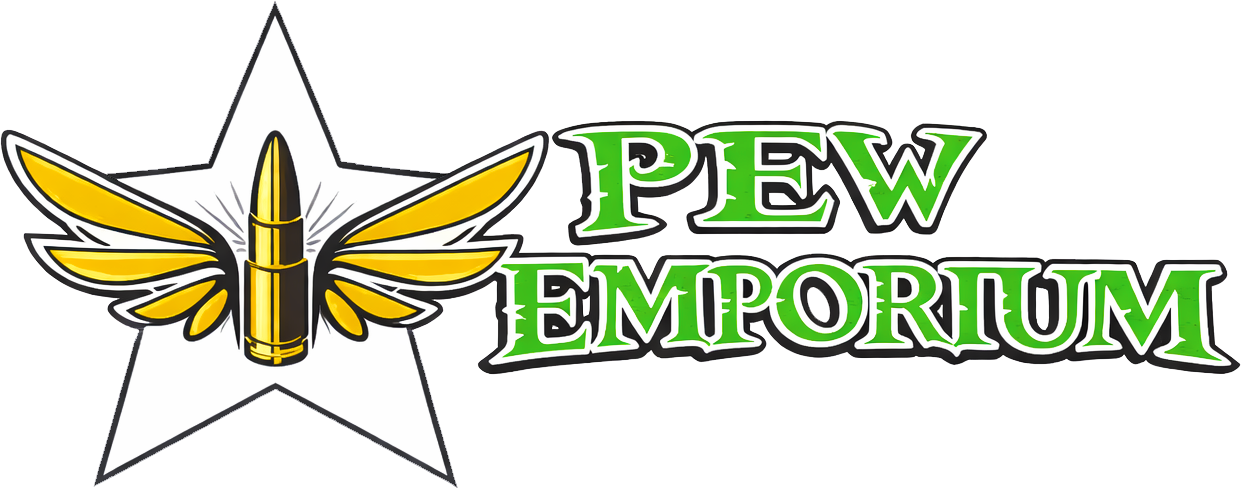 Logo featuring a bullet with wings and the text "PEW EMPORIUM" in green and black.