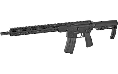 Tactical rifle with adjustable stock and long barrel for precision shooting.
