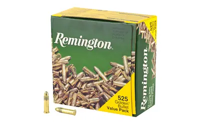 Remington Golden Bullet 22LR ammunition box with 525 rounds for target shooting.