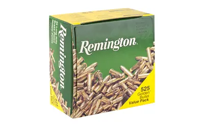 Remington 525-round ammunition box with brass cartridges.