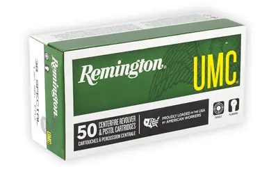 Remington UMC centerfire pistol cartridges in box, 50 rounds.