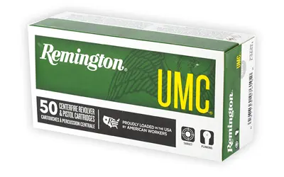 Remington UMC rifle cartridges in a box for hunting and shooting sports.