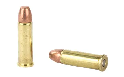 Ammunition cartridge with brass casing and copper bullet tip.