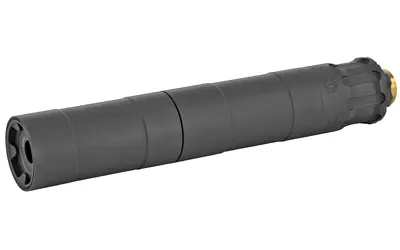 Suppressor for firearms with a matte black finish and cylindrical design.