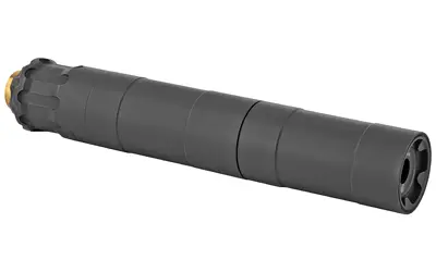 Silencer for firearms with a cylindrical shape and matte black finish.