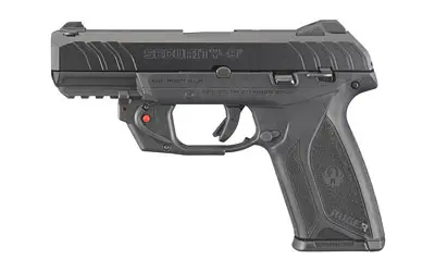 Pistol firearm with black finish and ergonomic grip, ready for use.
