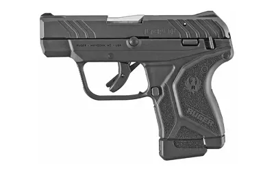 Close-up of a black semi-automatic pistol with textured grip.