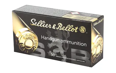 Handgun ammunition box with Sellier & Bellot branding and 50 rounds.